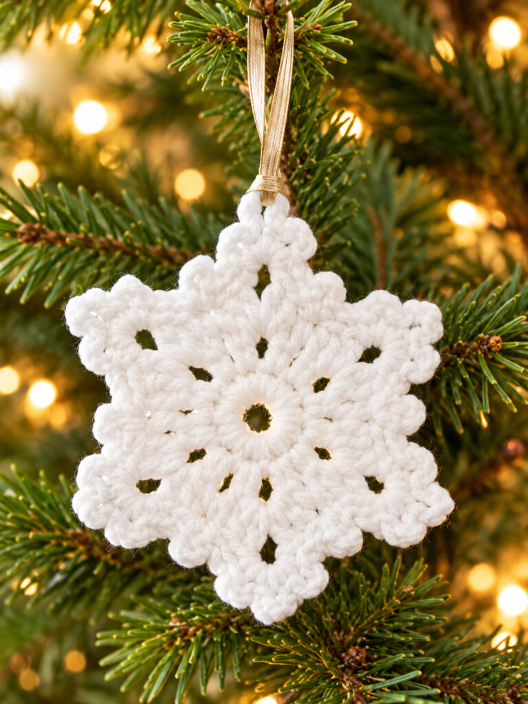 A white six-point crochet snowflake hanging from a gold ribbon on a lit evergreen branch.